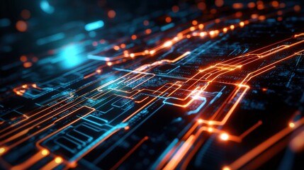 Poster - Computer circuit board with glowing orange and blue lights in an abstract technology background