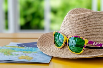 Poster - Summer travel concept Flat lay traveler accessories on yellow background with copy space Top view plane, passport, map Travel agency banner design template