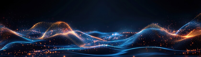 Fototapete - Abstract technology background featuring glowing particles and flowing waves in a vibrant digital design