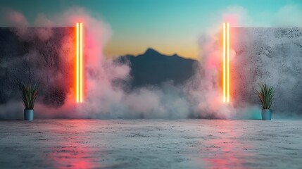 Poster - Flowing neon synthwave grids against a dramatic moody landscape with a retro futuristic aesthetic  The glowing dynamic grid elements create a captivating contemporary scene with a vibrant