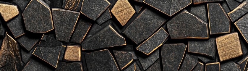 Poster - Black and gold wall featuring multiple pieces of wood and framed photographs displayed together
