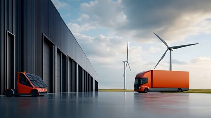 Poster - Futuristic and sustainable industrial logistics hub featuring wind turbines solar panels and electric cargo vehicles  Sleek