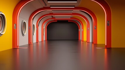 Poster - Futuristic and symmetrical spaceship corridor with sleek neon lighting in a dark interior environment  The passage features a minimalist and modern design with geometric shapes and a glowing
