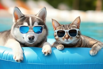 Wall Mural - Husky and tabby cat, wearing sunglasses, relax on a blue inflatable raft in a pool, enjoying summertime fun.