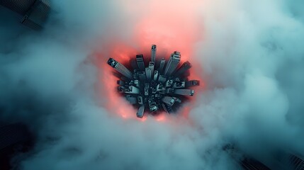 Poster - Futuristic cityscape with towering skyscrapers and glowing neon lights enveloped in a misty atmospheric void  A surreal imaginative scene with a dystopian technological vibe