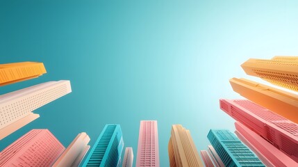 Poster - Futuristic cyber city skyline featuring high tech skyscrapers glowing in neon blue and pink hues showcasing a modern clean and minimalist architectural design