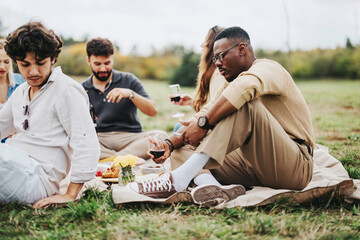 Poster - A group of multiracial friends enjoying a casual picnic in nature, sharing food and drinks while surrounded by grassy fields and overcast skies. The scene captures friendship and relaxation.