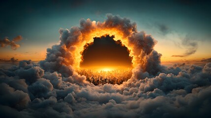 Poster - Futuristic floating city suspended above the clouds illuminated by a dramatic celestial energy explosion in the dark surreal sci fi landscape