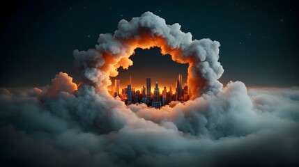 Poster - Futuristic floating cityscape with holographic structures and glowing lights amid dark cloudy skies and a spacey void in the middle creating a dramatic apocalyptic and conceptual digital