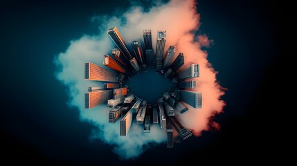 Poster - Futuristic high tech skyscrapers glowing in vibrant neon blue and pink hues against a dramatic ethereal sky  This digital depicts a visionary cyberpunk inspired metropolis with a sense of power