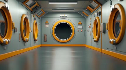 Poster - Futuristic interior of a space station corridor featuring sleek glowing panels lining the walls and a dark mysterious void at the center  The scene evokes a sense of advanced the vastness of space