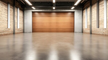 Wall Mural - Expansive Warehouse Interior with Massive Roller Door and Concrete Flooring