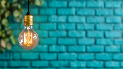 Poster - Vintage light bulb hanging in front of a turquoise brick wall, creating a warm and inviting atmosphere