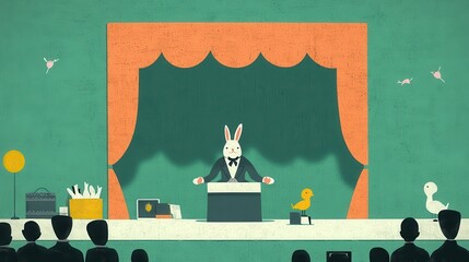 talented rabbit magician performing colorful tricks on stage surrounded by enchanted audience dynami