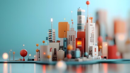Poster - Futuristic neon lit cityscape featuring high tech skyscrapers glowing in vibrant shades of blue and pink creating a captivating and modern architectural landscape  This digital showcases a minimalist