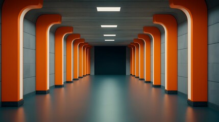 Poster - Futuristic sci fi corridor in a sleek minimalist space station environment  The hallway features glowing illuminated panels along the walls and a dark void like center creating a surreal