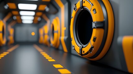 Poster - Futuristic sci fi space station corridor with glowing edges dark void center and futuristic panels  Captivating and mysterious visionary atmosphere conveying a sense of interstellar travel