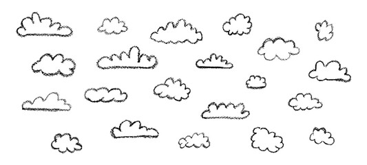 Poster - Set of abstract pencil clouds. Hand drawn cartoon cloudy sky. Vector illustration of collection of black stroke eddy on white background. Imitation of a child's drawing with pencils on blackboard