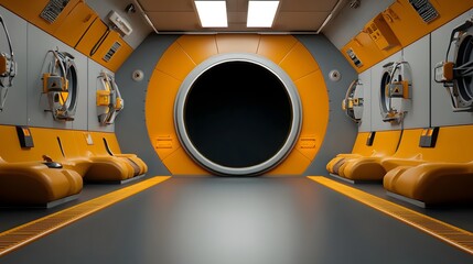 Poster - Futuristic sci fi style interior of a space station corridor featuring glowing panels dark central void and minimalist architectural design