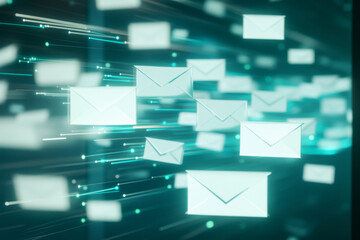 Poster - Floating envelopes symbolize digital communication in a dynamic, futuristic setting, showcasing the speed and efficiency of messaging technologies. Generative AI