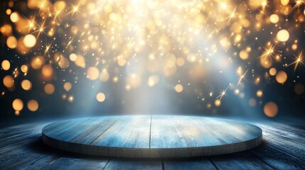 Poster - Wooden table illuminated by spotlight and bokeh lights creating a warm atmosphere for photography