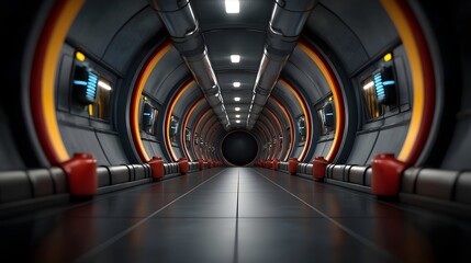 Poster - Futuristic space station corridor with sleek futuristic panels glowing sci fi edges and a dark void center creating a dramatic and immersive atmosphere for and discovery
