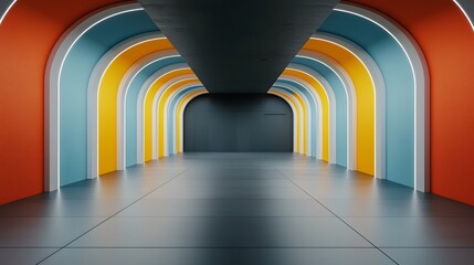 Poster - Futuristic spaceship corridors extending symmetrically with sleek neon lighting creating a dark yet vibrant and modern interior design concept