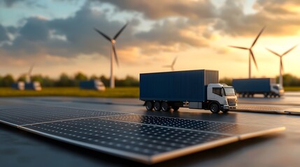 Poster - Futuristic sustainable logistics hub featuring wind turbines solar panels and electric cargo vehicles  Sleek and modern architectural design with efficient material handling systems and a minimalist