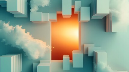 Poster - Gleaming glass skyscrapers reflecting bright sunlight in a sleek minimalist urban cityscape  Geometric architectural design with bold contrasts and a vibrant luminous atmosphere