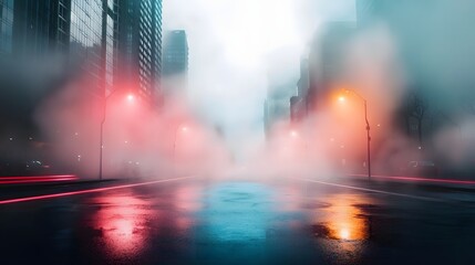 Poster - Glowing Cityscape Shrouded in Misty Futuristic Atmosphere   Digital of a Dystopian Futuristic Urban Landscape with Neon Lights Skyscrapers and Reflective Wet Roads