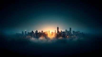 Poster - Glowing Cityscape Shrouded in Mysterious Mist at Nightfall A Captivating Urban Landscape Bathed in the Soft Glow of Skyscrapers and Enveloped in an Ethereal Dreamlike Atmosphere