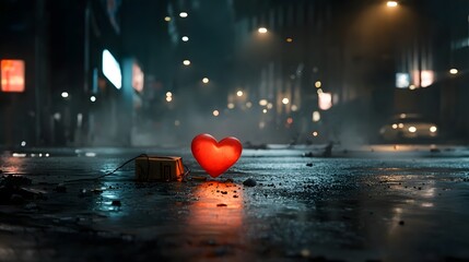 Poster - Glowing heart shaped lights against a dark cityscape with a deep space like futuristic atmosphere  Neon lights reflecting on the wet pavement create a moody ethereal and captivating urban scene