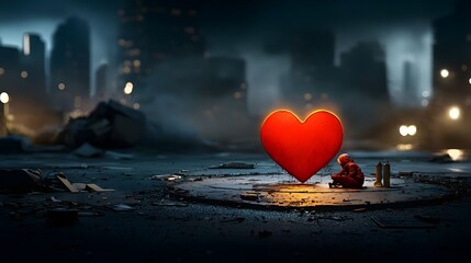Poster - Glowing heart shaped neon lights illuminating a dark futuristic cityscape with a deep space like atmosphere  The lonely dramatic scene evokes a sense of romantic solitude and emotional mystery