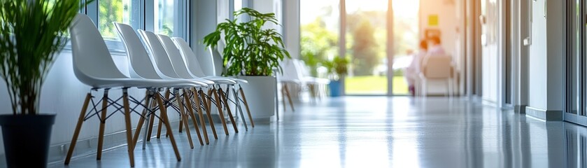 Poster - Row of chairs in a bright room with a potted plant and framed photo on the wall
