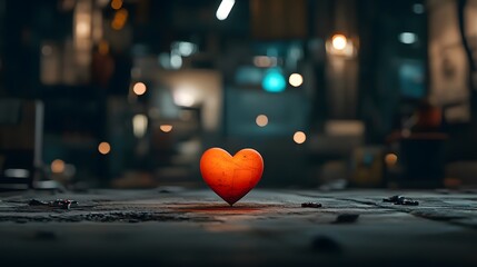 Poster - glowing heart shaped lights shining in a dark moody cityscape the city lights create a dramatic futu