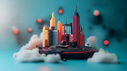 Poster - Glowing high tech skyscrapers suspended in a vibrant neon drenched cityscape conveying a sense of advanced futuristic technology and urban innovation
