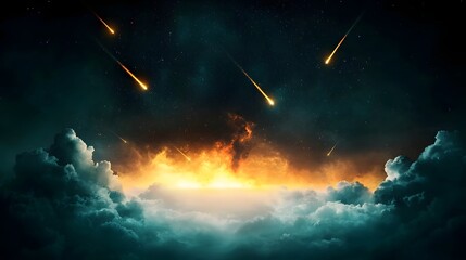 Poster - Glowing Meteor Showers Illuminating Dramatic Night Sky with Dark Void in Center   Captivating Celestial Spectacle of Cosmic Proportions