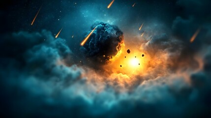 Poster - Glowing meteor showers streaking across a dark mysterious cosmic night sky creating a dramatic and powerful visual display of the forces at work in the universe