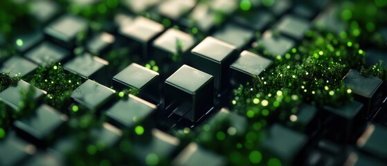 Poster - Green and black background with multiple squares and photo elements for design and creativity