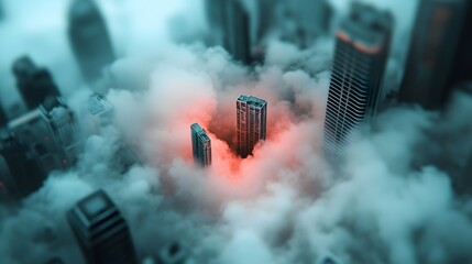 Poster - Glowing neon colored city landscape with towering skyscrapers and buildings enveloped in a mysterious ethereal misty void backdrop creating an otherworldly futuristic and surreal atmosphere