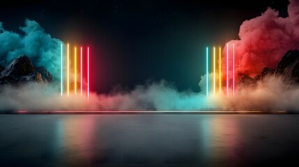 Poster - Glowing neon grids flowing from both sides in a captivating retrofuturistic synthwave landscape creating a dynamic and visionary digital art backdrop