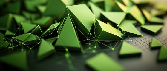 Poster - Collection of various green three-dimensional geometric shapes with a photo background