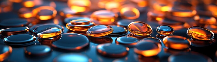 Poster - A collection of shiny orange glass buttons arranged on a surface with reflections and highlights