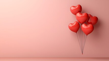 Poster - Glowing red heart shaped balloons floating gracefully on a soft pastel pink gradient background creating a romantic dreamy and minimalist atmosphere