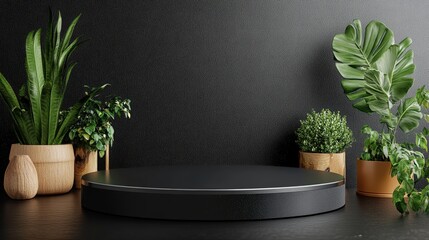 Poster - Black table holding a green plant and a photo frame in a modern interior setting