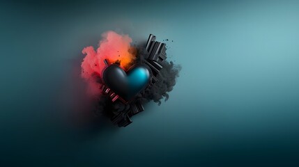 Poster - Glowing robotic hearts illuminated with neon blue and pink colors against a clean dark space backdrop  This abstract cyber love scene creates a futuristic surreal and conceptual visual experience