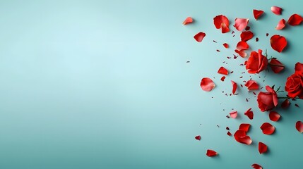Poster - Graceful Falling Rose Petals Framing Blurry Soft Gradient Center for Elegant Text  Romantic Feminine and Atmospheric Background for Invitation Card Wallpaper or Decor