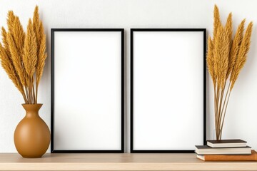 Poster - 2 white A4 frame mockups on the wall, minimalist modern interior, soft warm light, beige and brown tones. One poster is hanging above a shelf with vases of pampas grass and books, while the