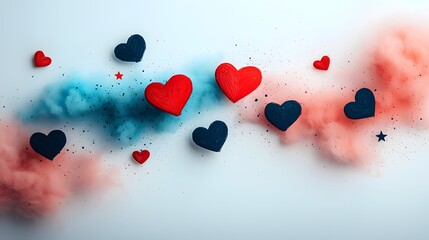 Poster - Hand drawn hearts and stars symmetrically floating in a light sketchy pastel background creating a romantic whimsical and elegant atmosphere