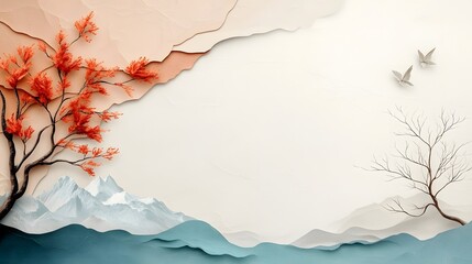 Poster - Harmonious autumn landscape featuring muted earth tones warm colors and gentle paper textures creating a serene contemplative and aesthetically pleasing visual composition